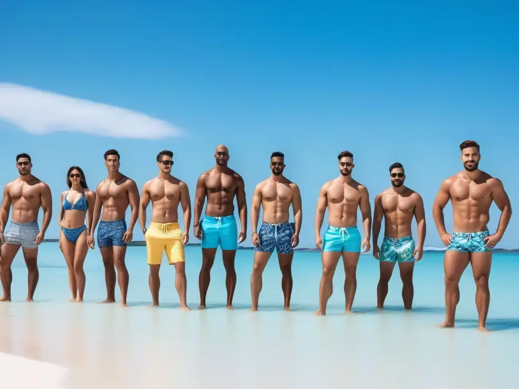 Moda de baño para todos: hombres seguros y estilosos en la playa Un grupo diverso de hombres seguros y estilosos en trajes de baño, en una playa paradisíaca
