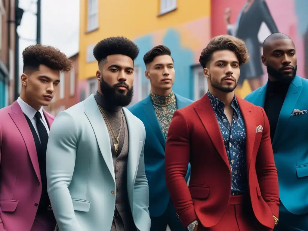 Moda masculina inclusiva: diversidad y estilo en la ciudad Un grupo diverso de hombres seguros y estilosos, representando la moda masculina inclusiva en un entorno urbano moderno con arte callejero colorido