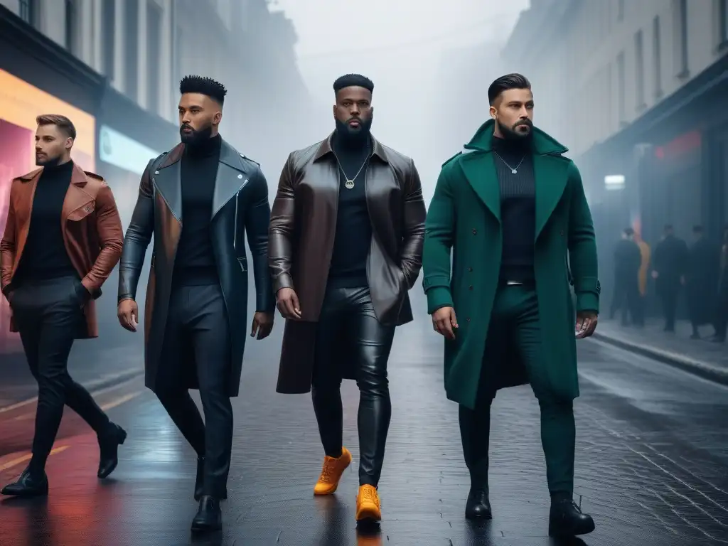 Moda masculina inclusiva en entorno futurista Un grupo diverso de hombres seguros y estilosos en un entorno futurista, representando la transformación de la moda masculina inclusiva con tecnología