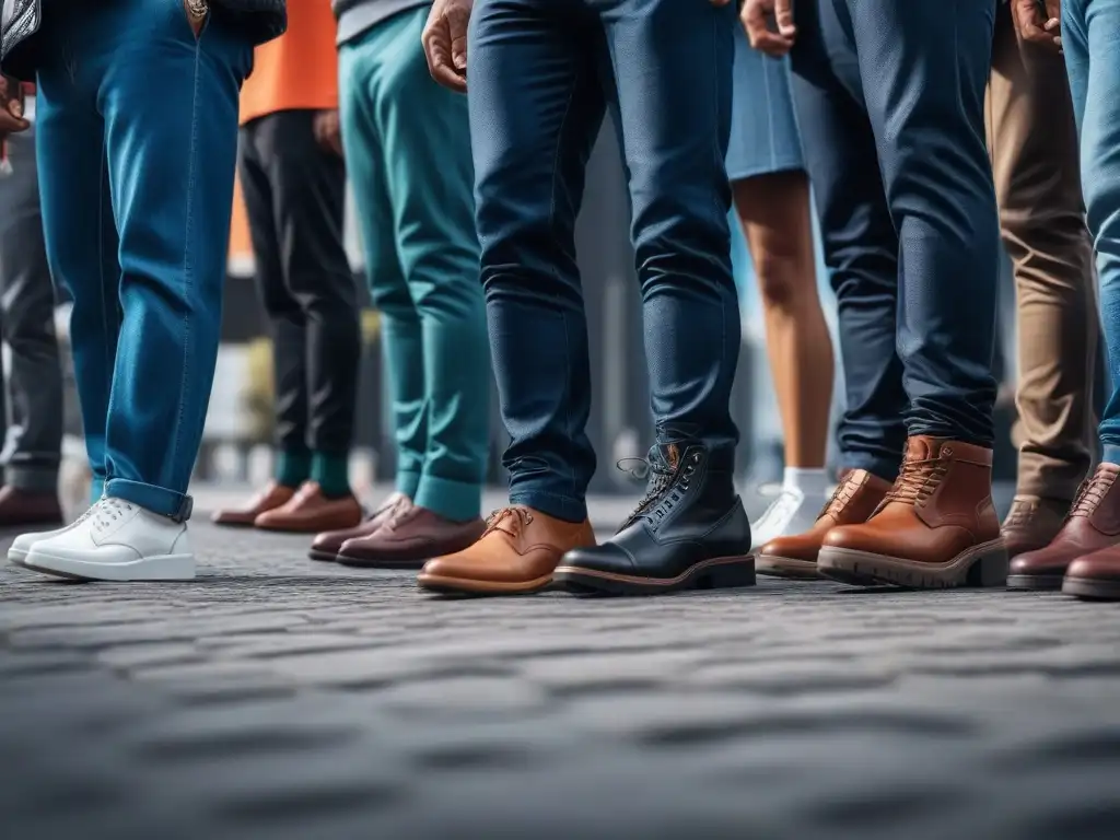Diversidad y estilo en calzado para hombres en ambiente urbano Grupo diverso de hombres seguros, usando calzado masculino inclusivo para todos en entorno urbano inclusivo y moderno