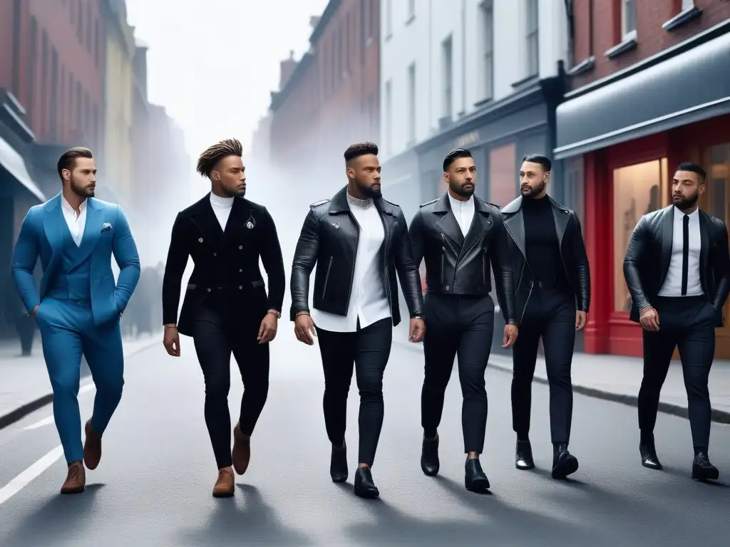 Moda masculina inclusiva: hombres diversos y seguros caminando en la ciudad Un grupo diverso de hombres seguros y elegantes caminan por la ciudad, reflejando la moda inclusiva masculina redefiniendo la masculinidad