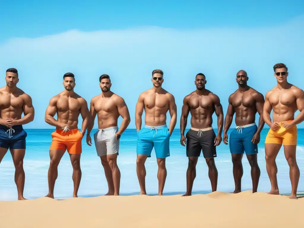 Variedad de hombres seguros en trajes de baño favorecedores en la playa Un grupo diverso de hombres seguros en la playa, luciendo trajes de baño que realzan su tipo de cuerpo