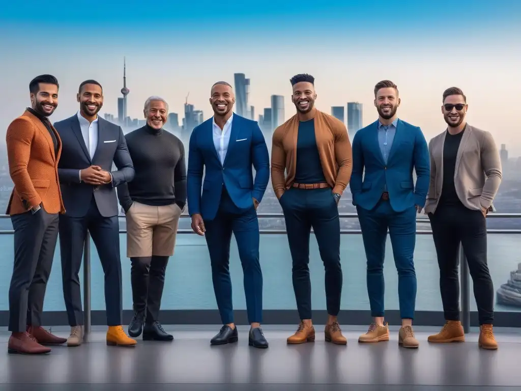 Variedad en calzado masculino: hombres sonrientes en ciudad moderna Un grupo diverso de hombres sonrientes con calzado masculino inclusivo para todos, frente a una moderna ciudad