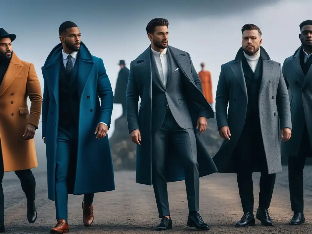 Estilo y diversidad: hombres seguros en modernos outfits de cápsula Un grupo diverso de hombres en trajes modernos y estilosos, mostrando confianza e individualidad, en un ambiente minimalista
