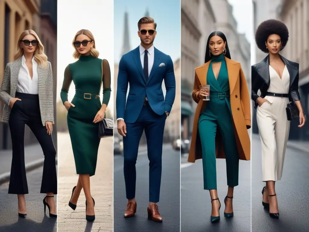 Iconos de la moda petite en outfits elegantes y modernos Un grupo diverso de iconos de moda petite inspiradores, elegantemente vestidos con estilos modernos y trendy en una escena urbana chic
