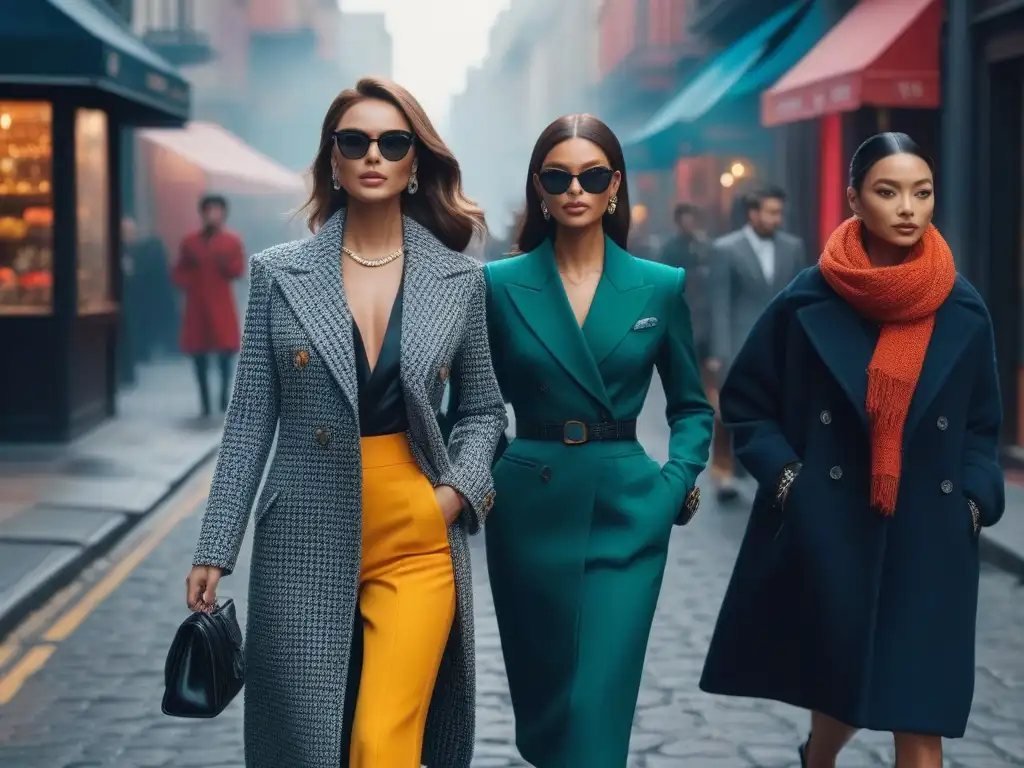 Iconos de moda petite desfilando con estilo en la ciudad Un grupo diverso de iconos de moda petite inspiradores caminan con confianza por una bulliciosa calle de la ciudad, reflejando su estilo único en un ambiente urbano vibrante y moderno