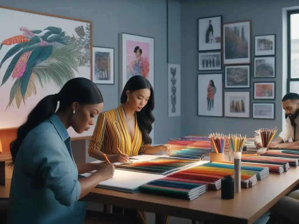 Retrato Ultra 8k: Ilustradores de moda creativos y diversos Un grupo diverso de ilustradores de moda muestra sus técnicas en un ambiente creativo y vibrante, con variedad de cuerpos y etnias