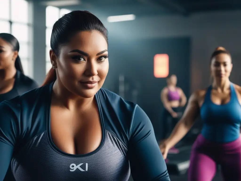 Empoderamiento y diversidad en el gimnasio: Plussize fitness Un grupo diverso de individuos plus size se ejercita con determinación y alegría en un gimnasio moderno