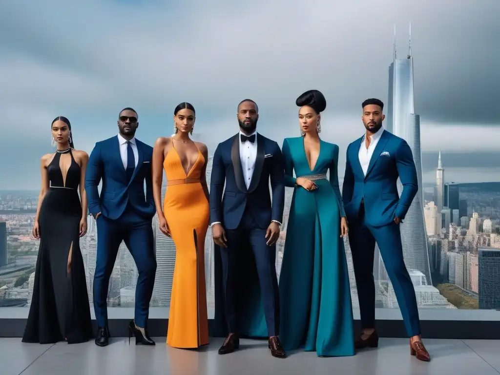 Altos y elegantes: moda y empoderamiento en la ciudad Un grupo diverso de individuos altos posando con confianza en una ciudad moderna, mostrando moda elegante
