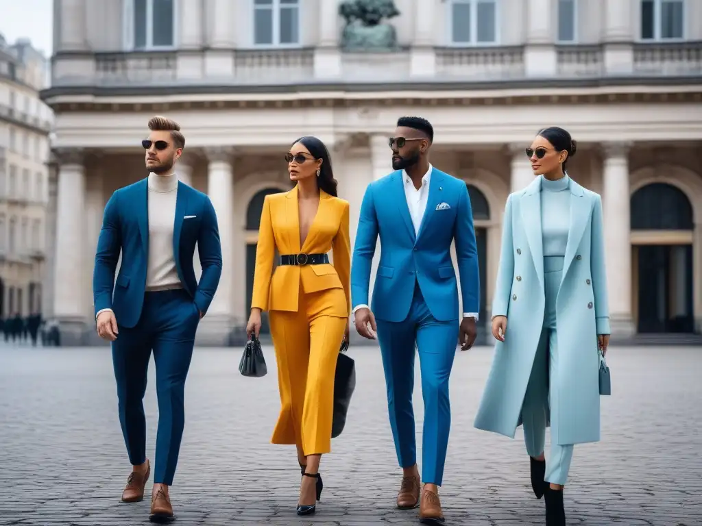 Moda tecnológica: Estilo urbano en alta resolución Un grupo diverso de individuos elegantes lleva wearables premium en un entorno urbano chic, fusionando tecnología y moda