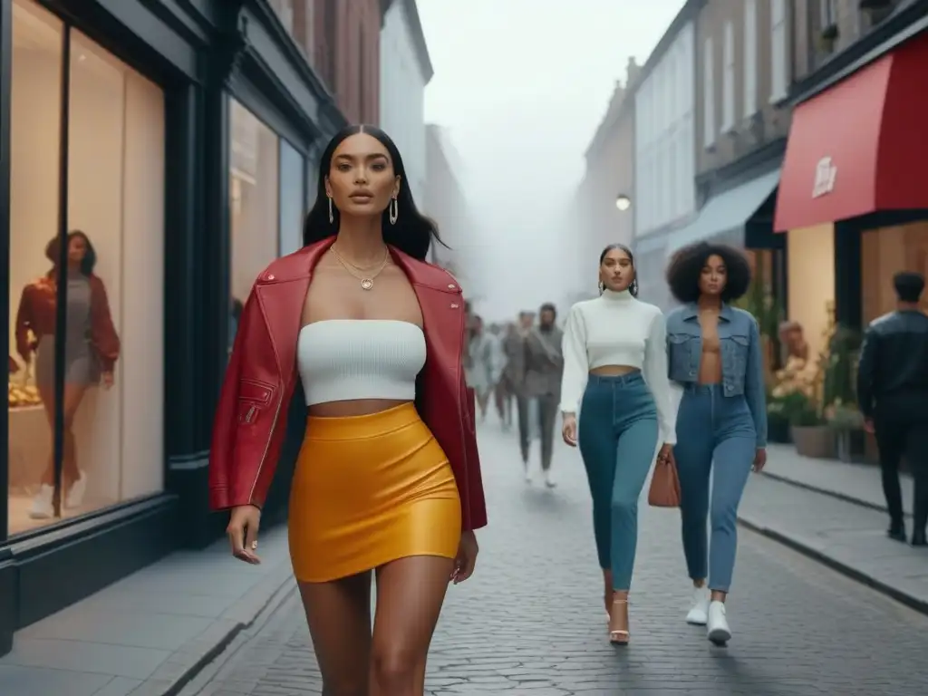 Un grupo diverso de individuos con estilo camina por una calle de la ciudad, con boutiques y tiendas de estilo de vida saludable