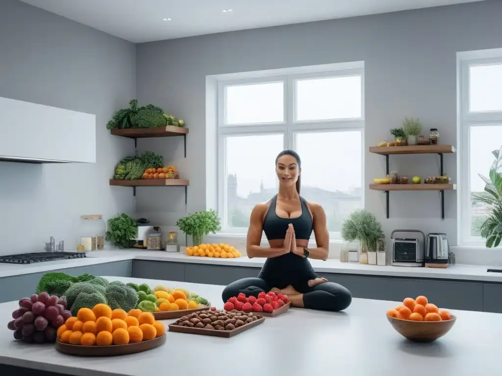 Expertos en nutrición y bienestar comparten mesa de alimentos saludables Un grupo diverso de individuos saludables rodea una mesa llena de frutas y suplementos en una cocina moderna