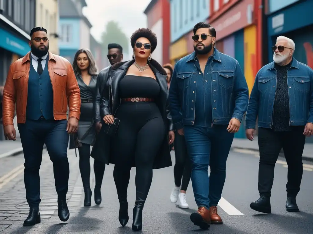 Desfile de moda inclusiva en la ciudad: diversidad y confianza Un grupo diverso de individuos seguros y estilosos caminan por la ciudad, reflejando moda inclusiva y autoimagen positiva