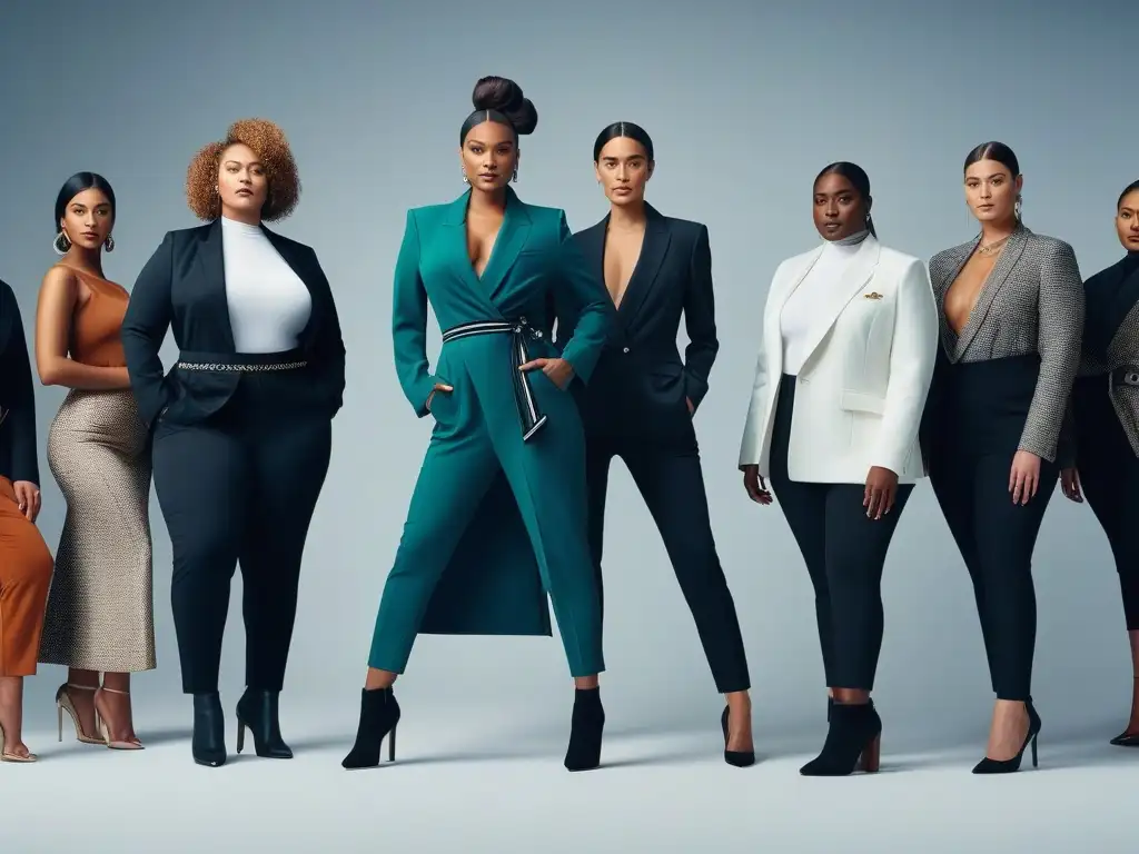 Un grupo diverso de individuos seguros exhibiendo moda sostenible DIY en tallas especiales, en un estudio minimalista ecofriendly