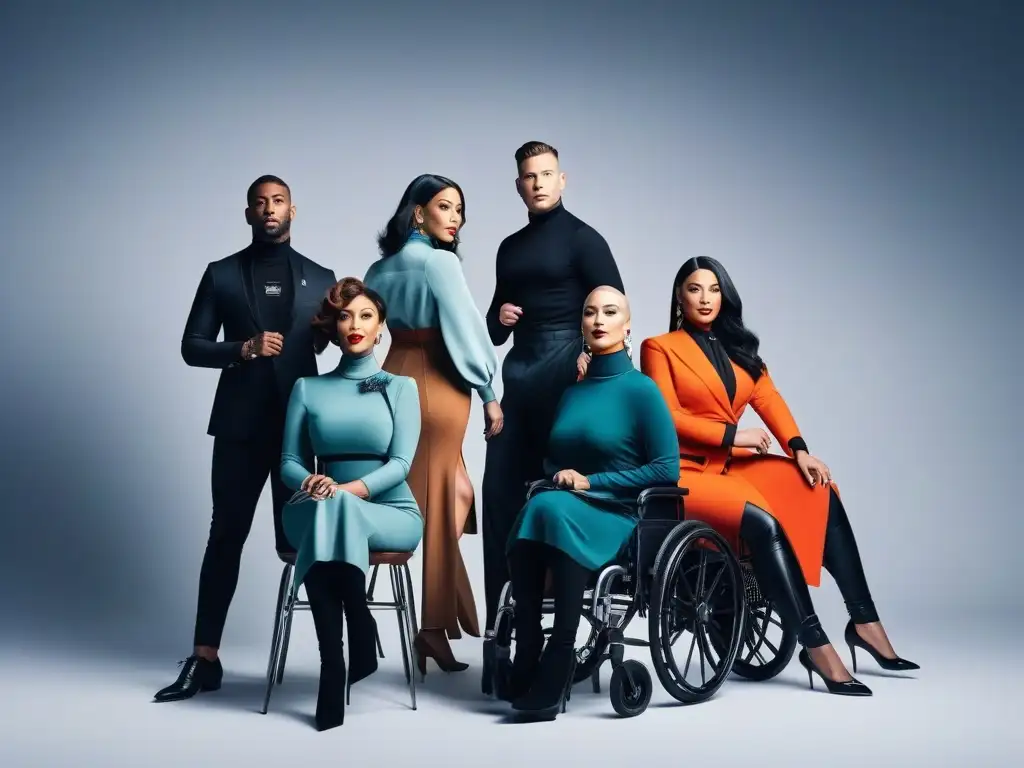 Un grupo diverso de influencers con discapacidades posan con confianza en atuendos elegantes y adaptativos, celebrando la moda adaptativa para todas