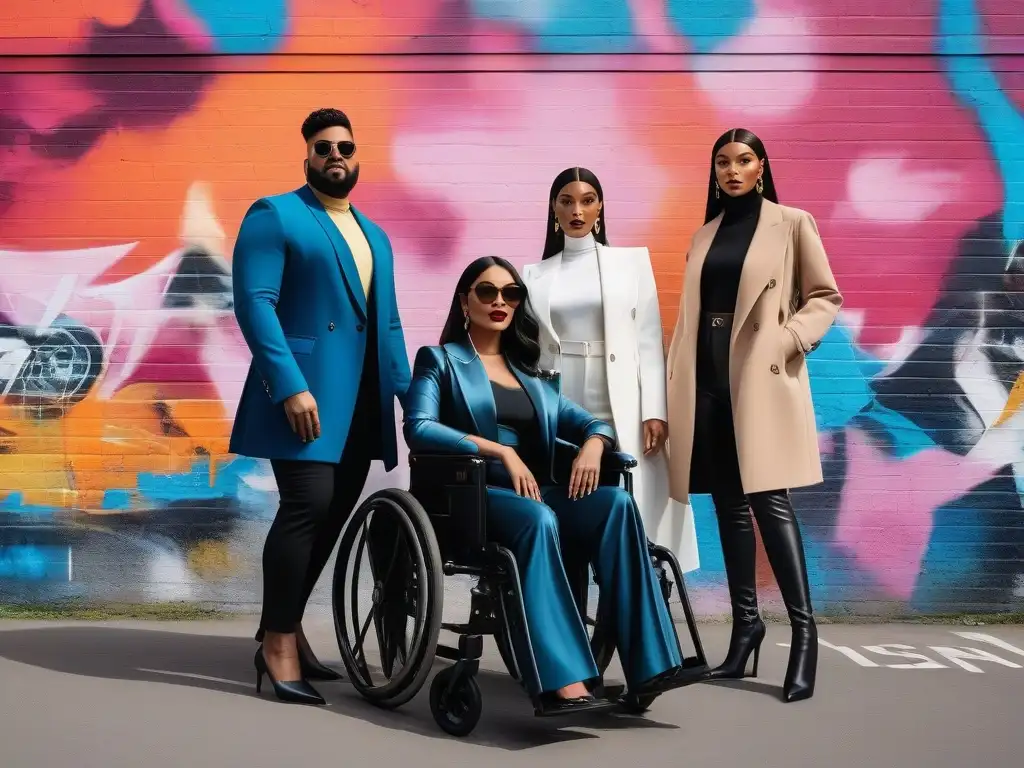Influencers con discapacidades: Moda inclusiva y empoderamiento Un grupo diverso de influencers con discapacidades posando con confianza en atuendos a la moda frente a un mural urbano colorido