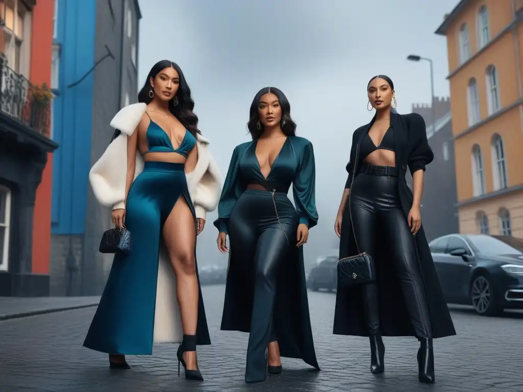 Moda inclusiva: Influencers altos desafían estereotipos Un grupo diverso de Influencers moda tall inclusivos posando con estilo frente a la ciudad, irradiando empoderamiento y unidad