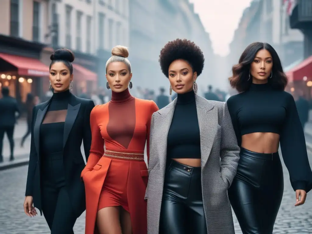 Influencers de moda: diversidad y estilo en la ciudad Un grupo diverso de influencers líderes de moda inclusiva posando juntos con estilo frente a un paisaje urbano moderno