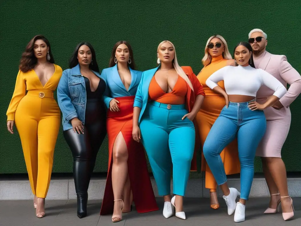 Moda inclusiva: Influencers de moda celebrando la diversidad con estilo Un grupo diverso de influencers de moda con diferentes tipos de cuerpo posan con confianza, celebrando la aceptación de cuerpos diversos en un entorno urbano trendy
