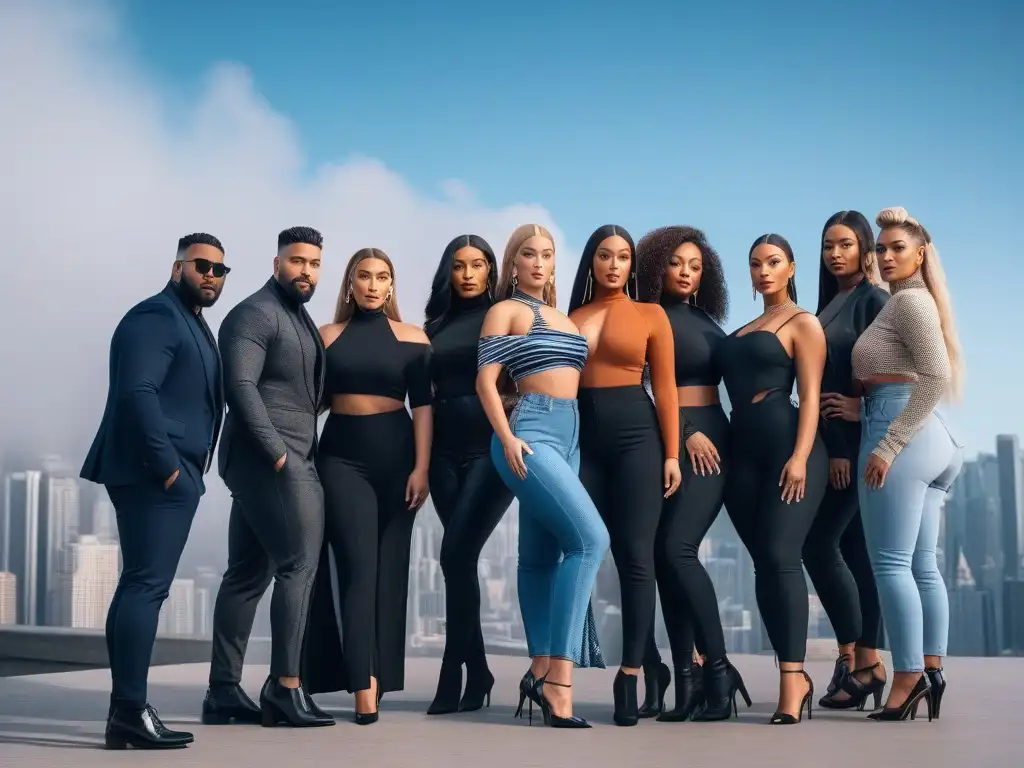 Influencers de moda con estilo y diversidad de cuerpos en la ciudad Un grupo diverso de influencers de moda, con diferentes tipos de cuerpo, posando con estilo y confianza en atuendos inclusivos