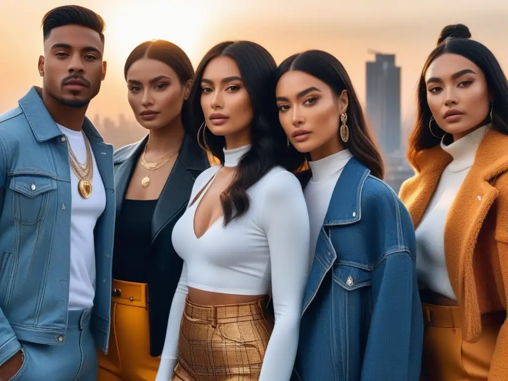 Influencers de moda: diversidad y estilo en la ciudad Un grupo diverso de influencers de moda en una azotea de la ciudad, luciendo estilos inclusivos y posando con confianza al atardecer