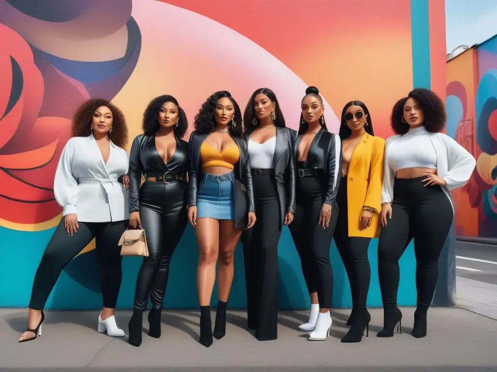 Influencers de moda unidos en ambiente urbano inclusivo Un grupo diverso de influencers de moda de distintas tallas y estilos posando juntos con confianza en un entorno urbano inclusivo y moderno