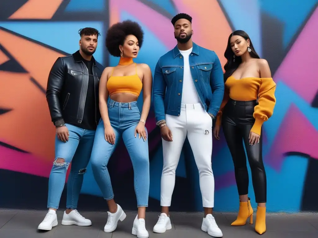 Influencers de moda diversos y empoderados en entorno urbano Un grupo diverso de influencers de moda en tallas diversas, géneros y etnias posando con confianza en la ciudad