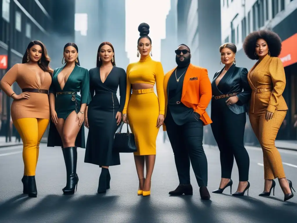 Influencers de moda inclusivos y diversos en la ciudad Un grupo diverso de influencers de moda se unen en outfits inclusivos frente a la ciudad