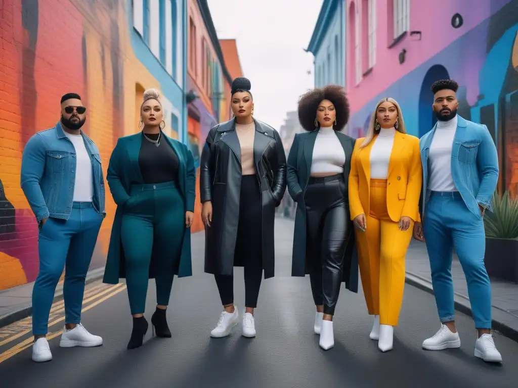 Moda inclusiva: influenciadores diversos unidos en la ciudad Un grupo diverso de influencers de moda en una ciudad moderna, vistiendo prendas inclusivas y únicas