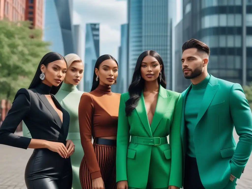 Influencers en moda sostenible y diversa, unidos en la ciudad Un grupo diverso de Influencers en moda sostenible inclusiva posa sonriendo en una ciudad vibrante
