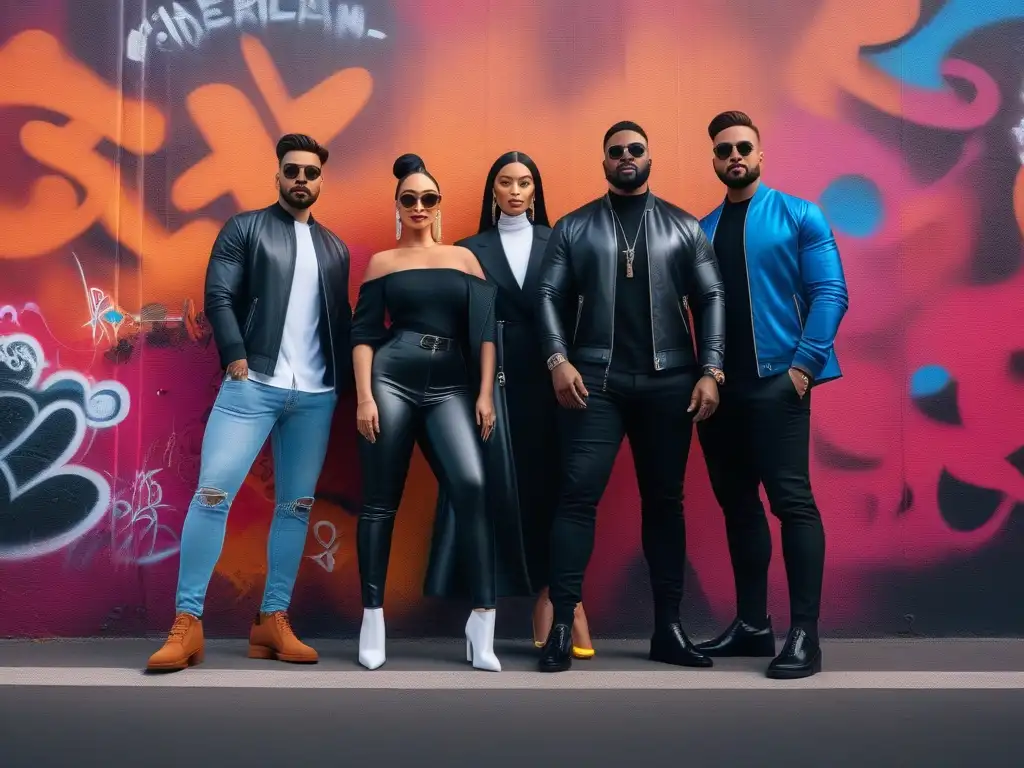 Influencers de moda: diversidad, estilo y empoderamiento Un grupo diverso de influencers de moda de diferentes etnias y estilos posando frente a un mural vibrante, representando la moda inclusiva