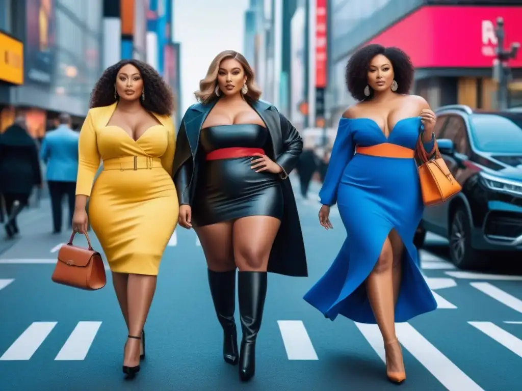 Moda inclusiva: influencers plus size deslumbran en la ciudad Un grupo diverso de Influencers de moda tallas grandes desfilando con estilo por la ciudad