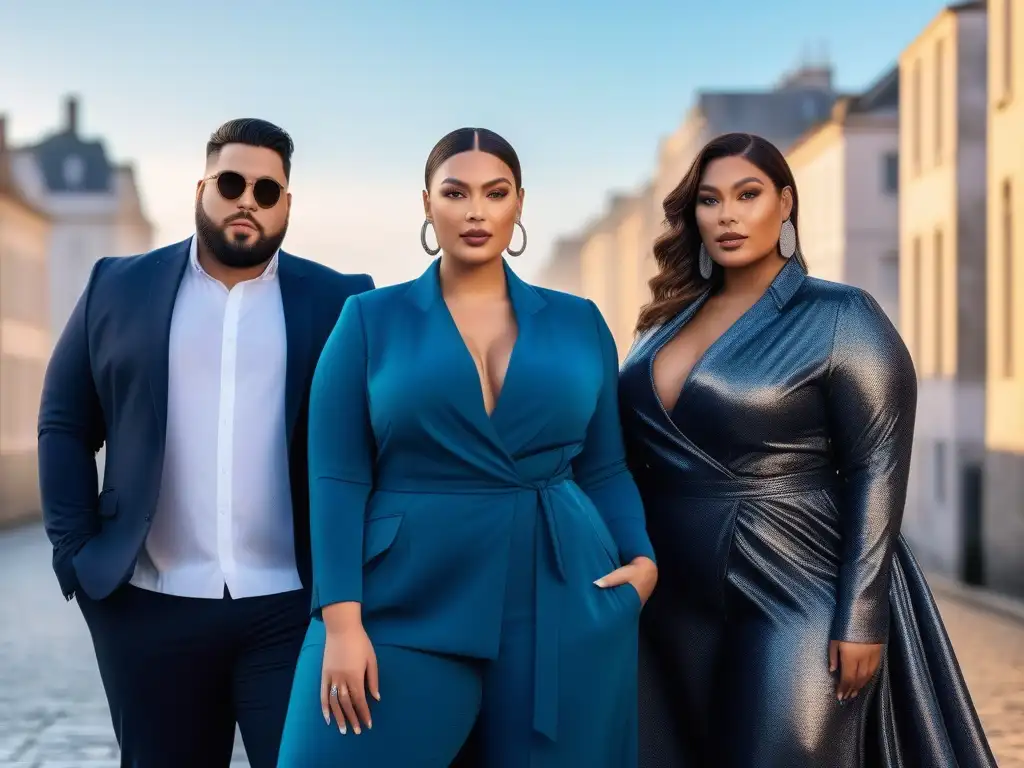 Moda Plus Size: Influencers empoderadas mostrando estilo urbano Un grupo diverso de Influencers de moda tallas grandes posan seguras y elegantes en la ciudad