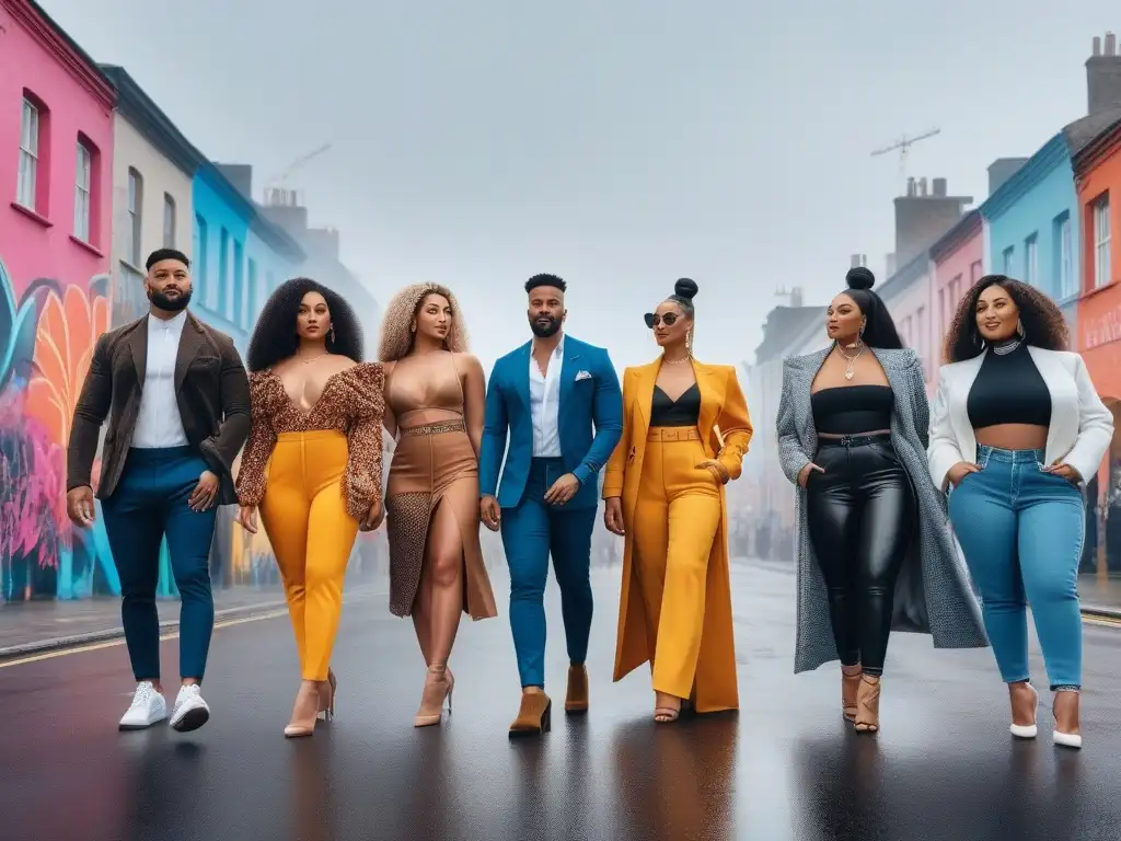 Influencers de moda inclusiva empoderados en la ciudad Un grupo diverso de influencers de moda posando con estilo en la ciudad, representando la moda inclusiva en las redes sociales