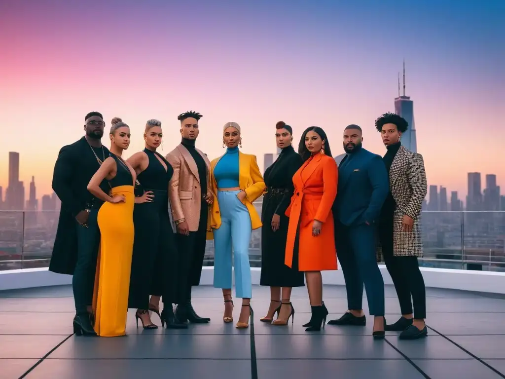 Influencers de moda diversos en un atardecer inclusivo Un grupo diverso de influencers de moda de diferentes etnias, tipos de cuerpo e identidades de género, juntos en una azotea al atardecer