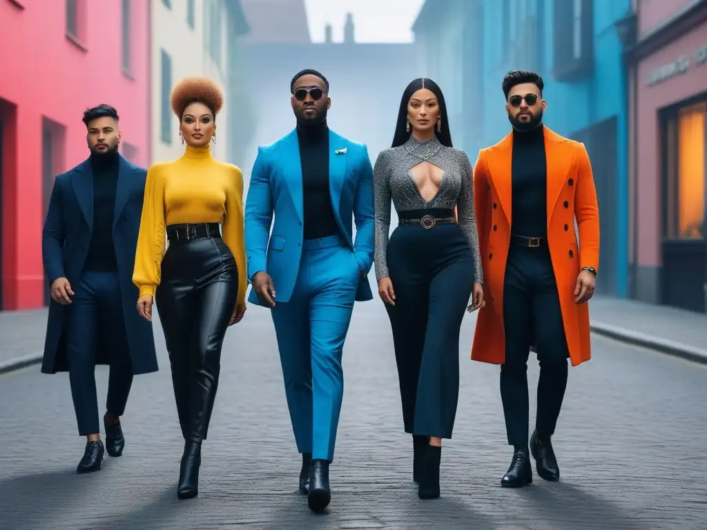 Grupo diverso de influencers con estilo y moda inclusiva Un grupo diverso de influencers de moda, unidos en estilo inclusivo y tendencias, posando con confianza en un entorno urbano moderno y colorido