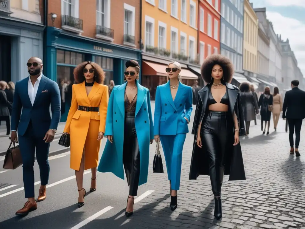 Influencers de moda diversa desfilando por la ciudad Un grupo diverso de influencers de moda caminan con confianza en una ciudad llena de boutiques de lujo