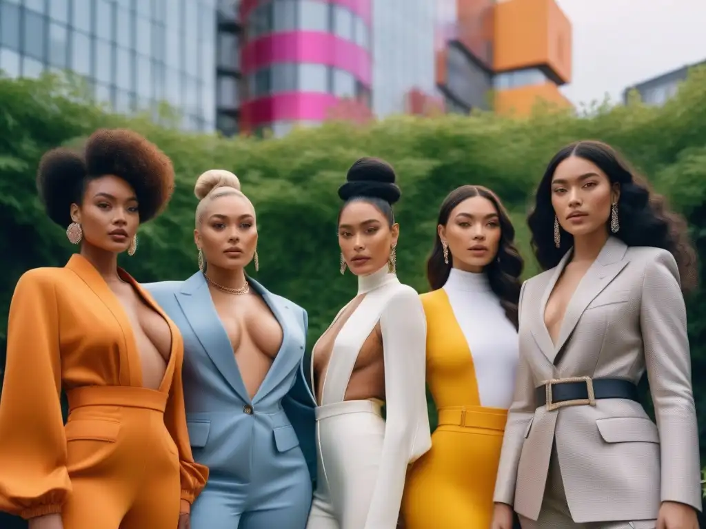 Moda inclusiva: influenciadores diversos en la ciudad Un grupo diverso de influencers en moda inclusiva, luciendo ropa de diseñador y mostrando confianza en una ciudad vibrante