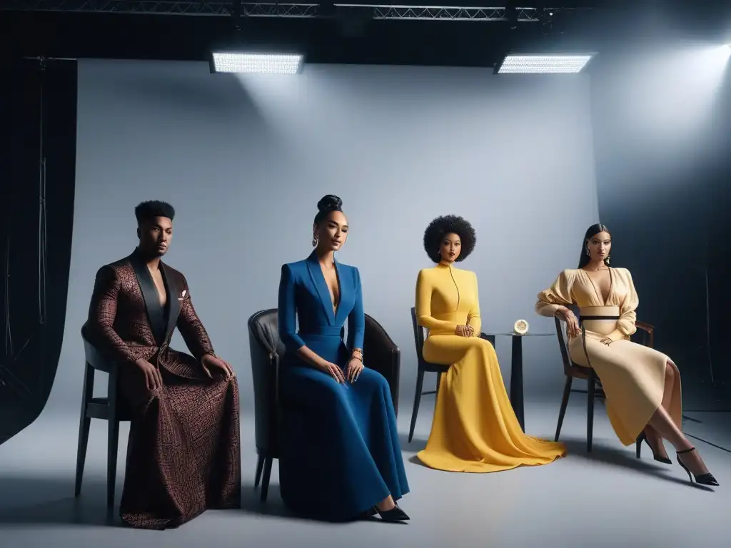 Influencers de moda inclusiva: diversidad y elegancia en alta costura Un grupo diverso de influencers de moda de lujo inclusiva posando con estilo en un estudio moderno