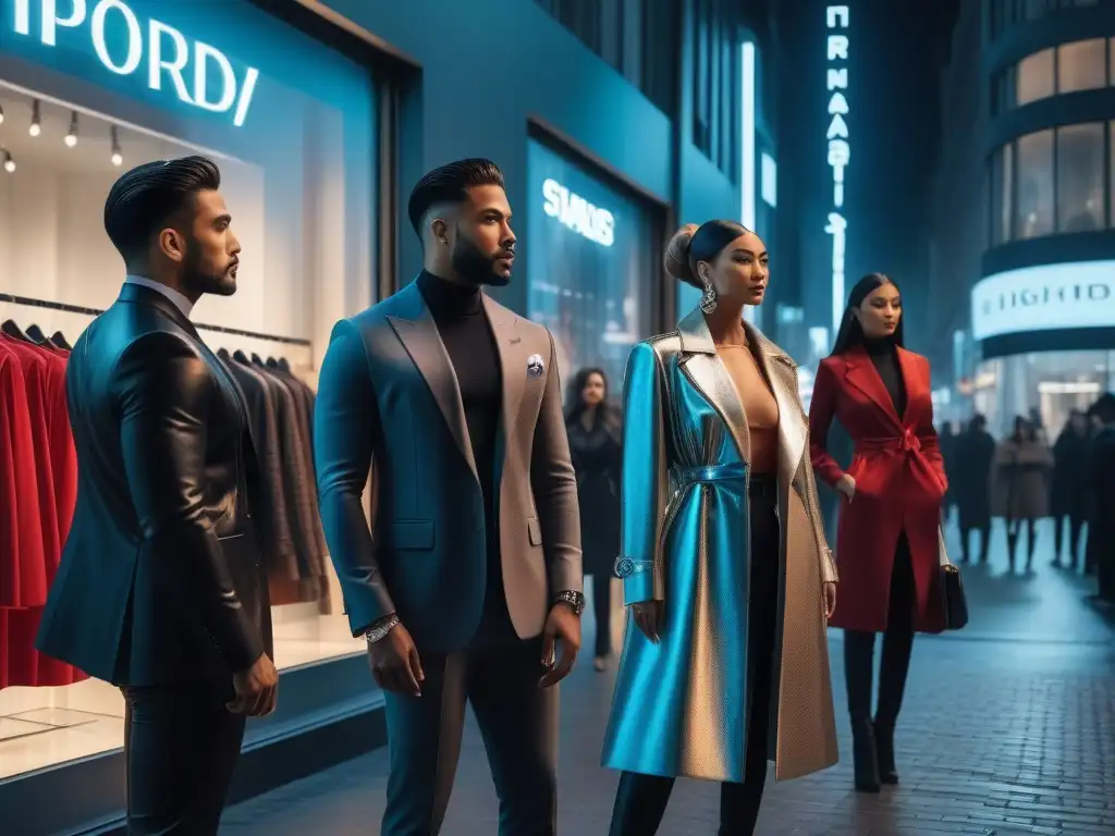 Influencers de lujo: diversidad y glamour en la moda urbana Un grupo diverso de influencers de moda de lujo inclusiva frente a una tienda moderna y elegante