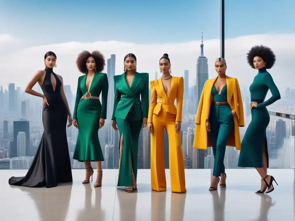 Influencers de moda diversos en escenario lujoso y moderno Un grupo diverso de influencers de moda de lujo inclusiva posa con confianza en un entorno moderno y lujoso, reflejando profesionalismo e inspiración