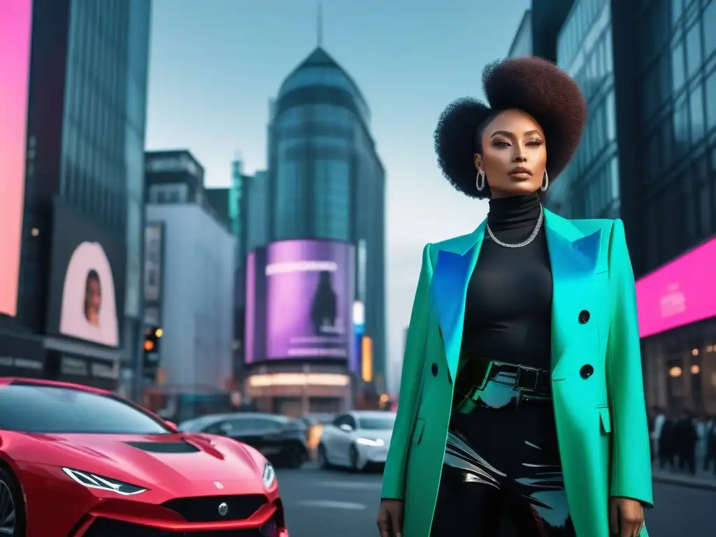 Influencers de moda inclusiva en ciudad futurista Un grupo diverso de influencers de moda en una ciudad futurista, representando la moda inclusiva