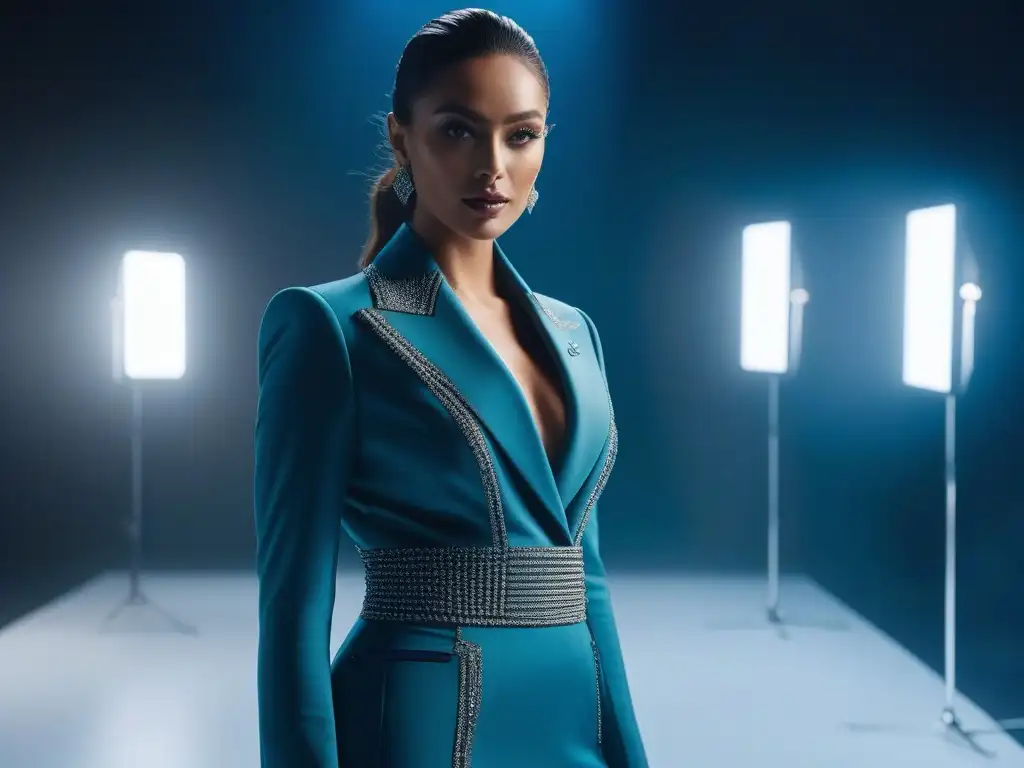 Un grupo diverso de influencers de moda colaborando en un sofisticado set futurista, reflejando el éxito de campañas de marketing en moda nicho