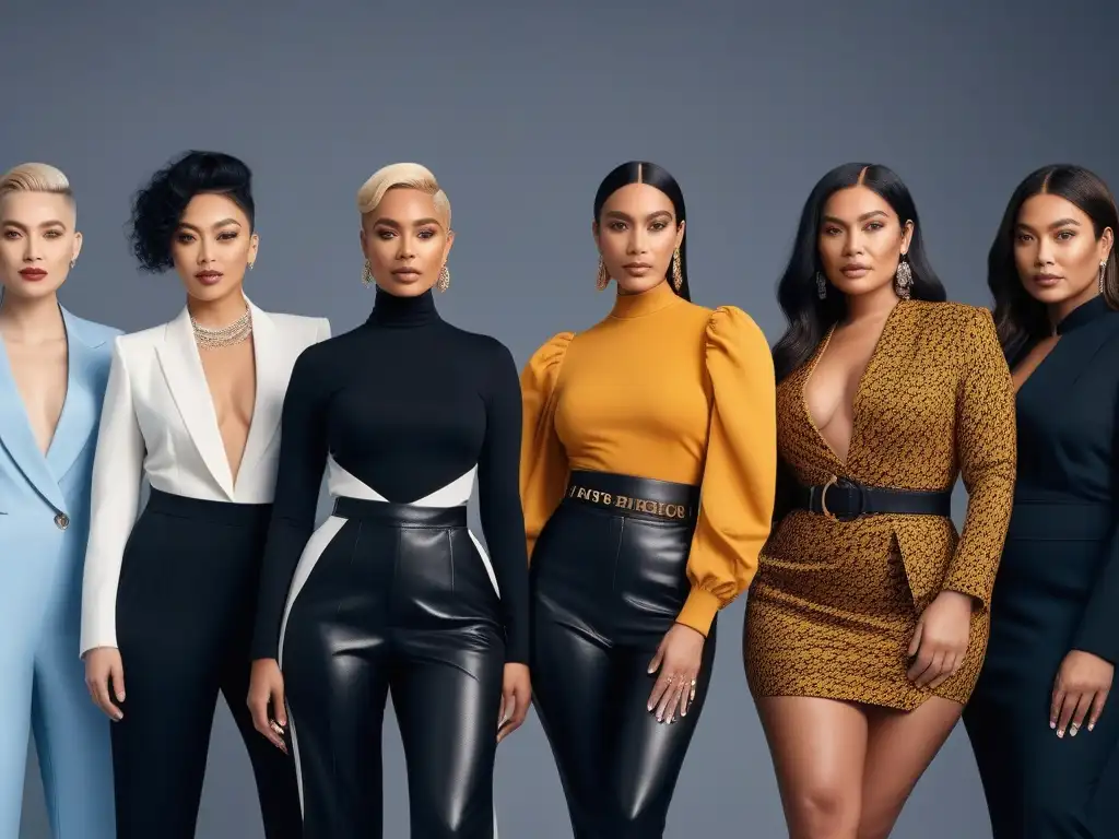 Influencers de moda unidos: diversidad y empoderamiento en la industria Un grupo diverso de influencers de moda posando juntos con estilo y confianza, representando la unidad y empoderamiento en la industria de la moda