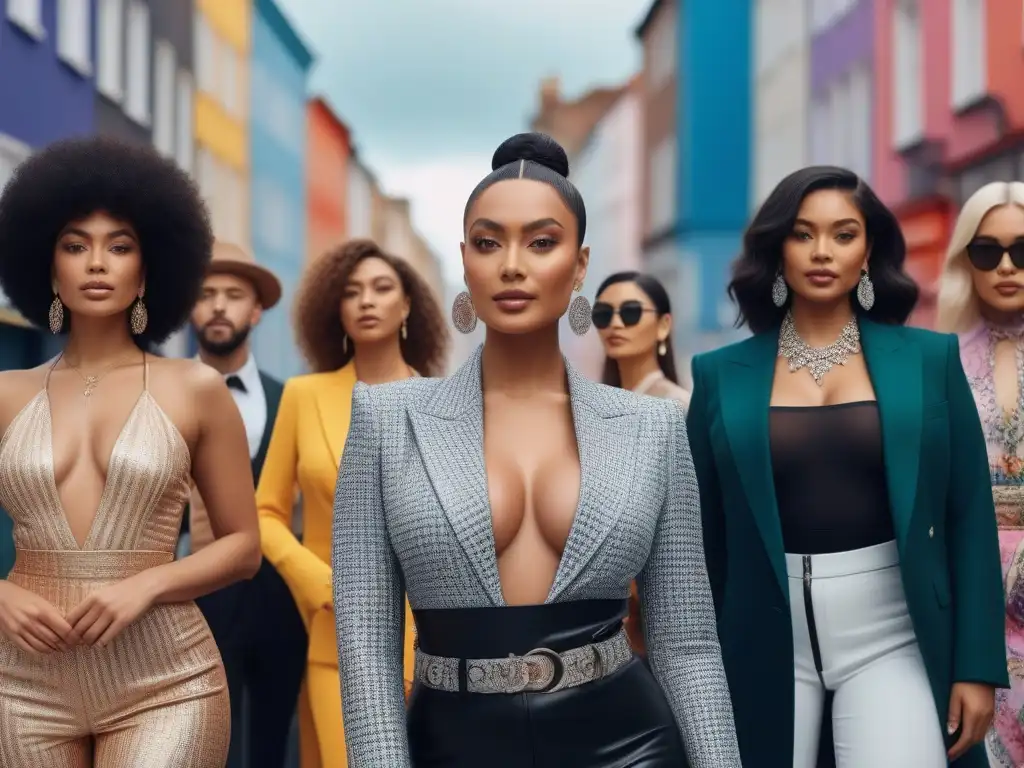 Influencers de moda diversas unidas en la ciudad Un grupo diverso de influencers de moda en una ciudad vibrante, promoviendo la moda inclusiva y diversa en redes sociales