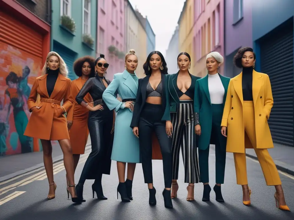 Influencers de moda diversa posan con estilo en entorno urbano Un grupo diverso de influencers de moda posando con confianza en un entorno urbano chic con arte callejero colorido