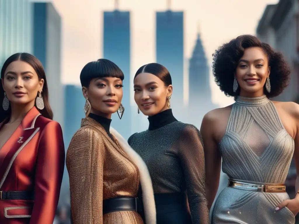 Influencers de moda inclusivos posan con confianza en la ciudad Grupo diverso de influencers de moda posando con confianza en la ciudad, representando la inclusividad y tendencias actuales