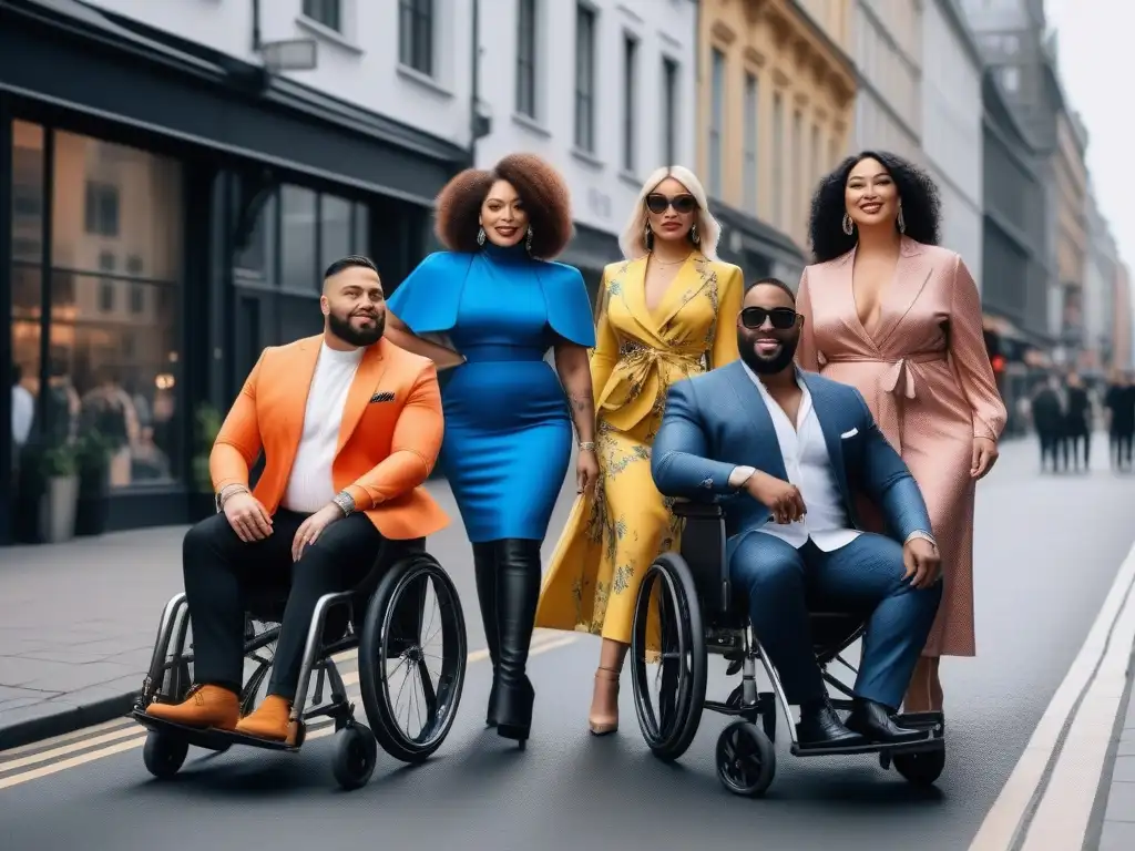 Un grupo diverso de influencers de moda con discapacidades posa con confianza en outfits adaptativos, reflejando estilo y empoderamiento en la calle
