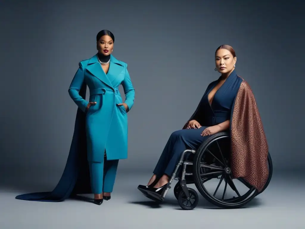 Un grupo diverso de influencers de moda con discapacidad posa con estilo y confianza, vistiendo atuendos adaptativos y modernos