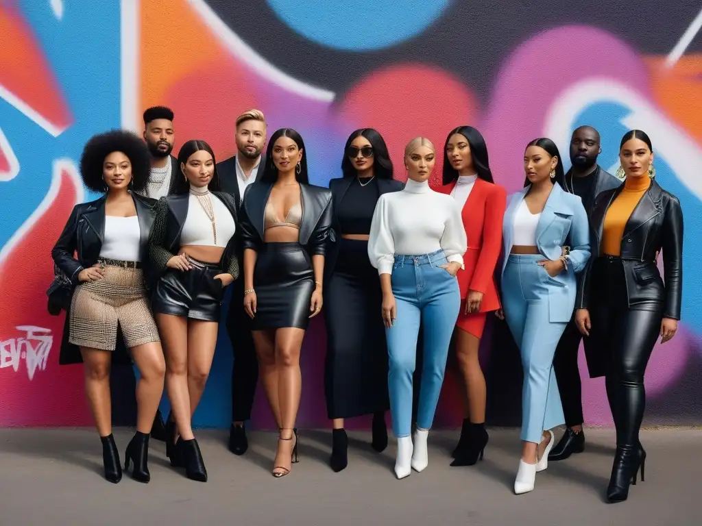 Influencers de moda diversa frente a graffiti colorido Un grupo diverso de influencers de moda posa frente a un mural colorido